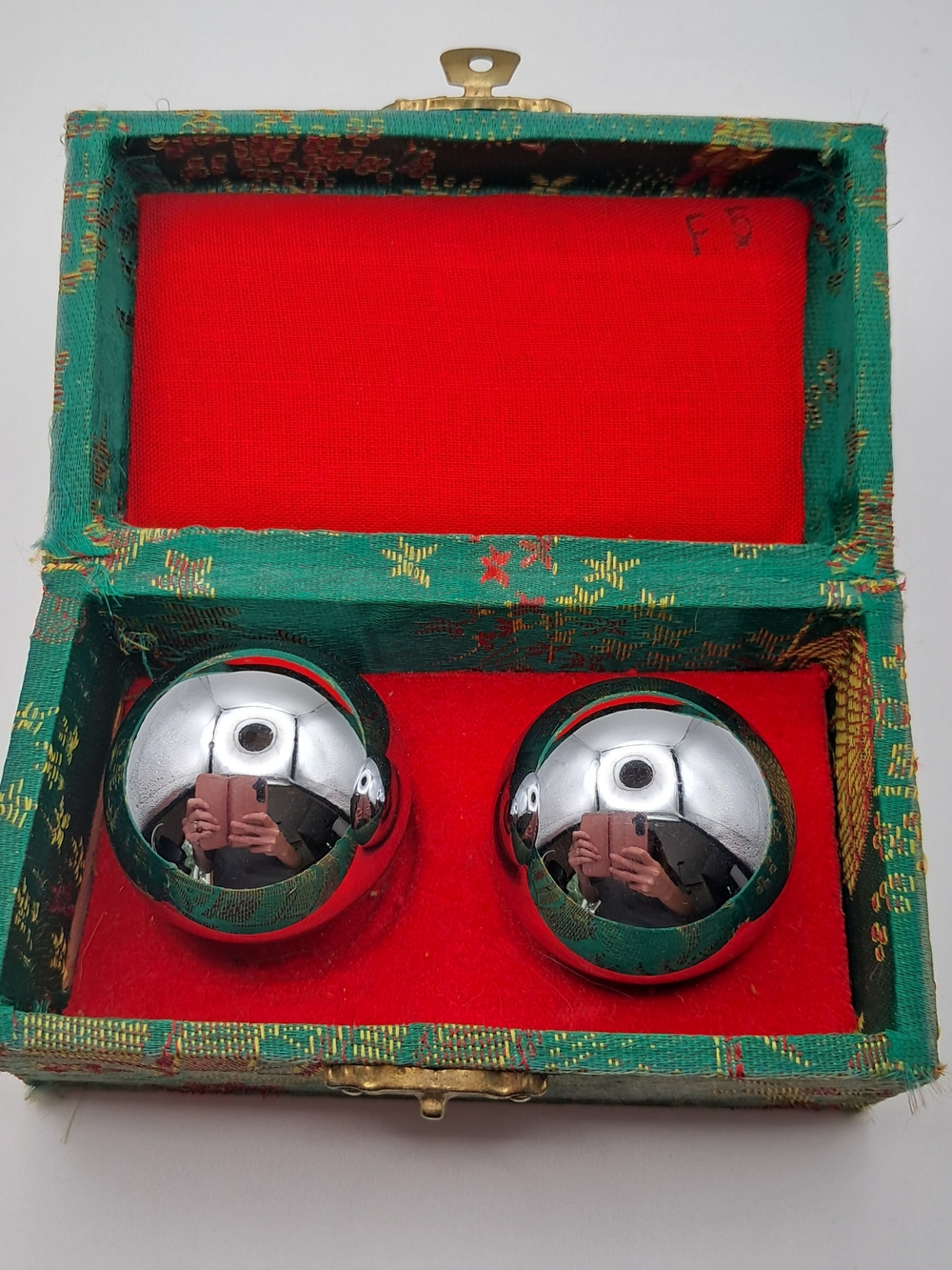 Polished Silver Baoding Hand Exercise Balls in Red Velvet Box